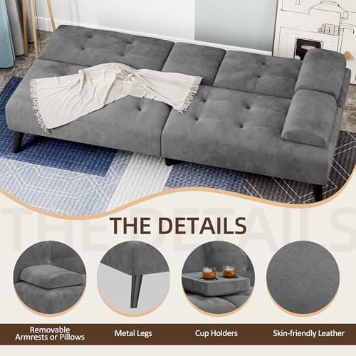 Shintenchi Dark Gray Velvet Reclining Sofa Bed with Foldable Arms