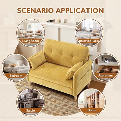 47" Soft Chenille Love Seat Sofa, Tool-Free Setup, All Wood, Yellow