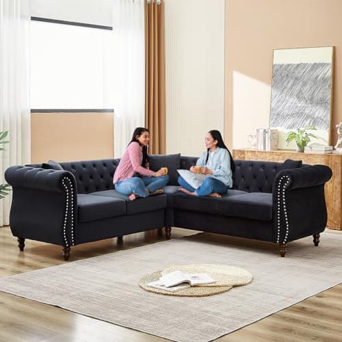 Mid Century Modern Velvet L-Shaped Sofa Couch - Black