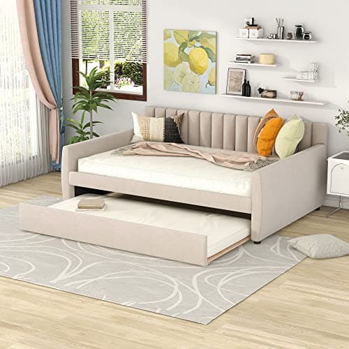 Upholstered Daybed with Storage Drawers, Velvet Sofa Bed Daybed (Twin Size, Beige)
