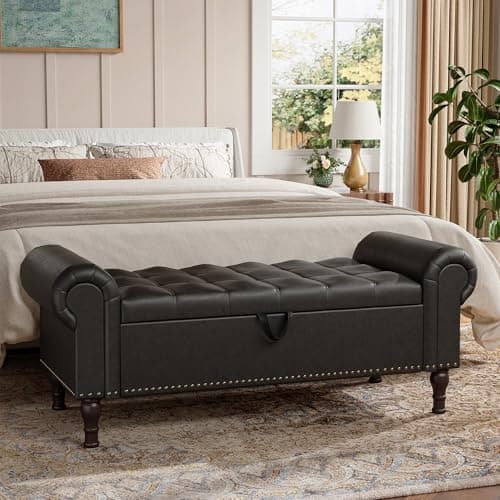 Vintage Rivet Storage Bench, Black, 51" Armless Upholstered Ottoman