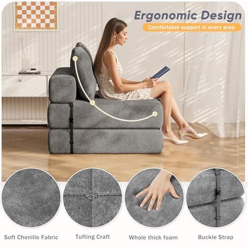 Homall Gray Chenille Folding Sofa Bed with Headrest