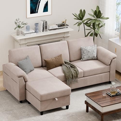 Vongrasig 79" L-Shaped Couch with Storage Ottoman, Light Grey Linen Fabric