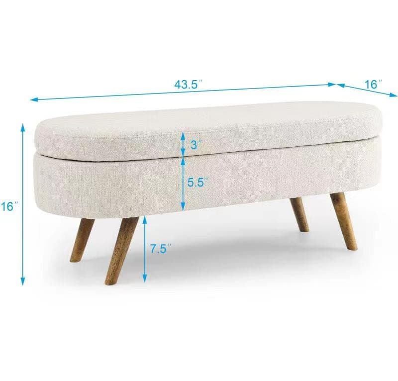 Storage Ottoman Bench End of Bed, 43 Oval Linen Fabric Bench for Living Room, Bedroom, Entryway