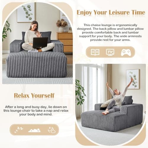 Oversized Chaise Lounge Chair Indoor for Living Room - Grey