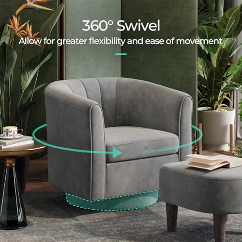 LINSY Gray Velvet Swivel Chair with Ottoman, Modern Comfy Living Room Armchair