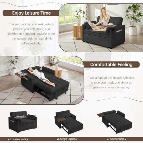 3 in 1 Sleeper Sofa Bed, Velvet Futon with Chaise Lounge & Reclining Backrest (Black)