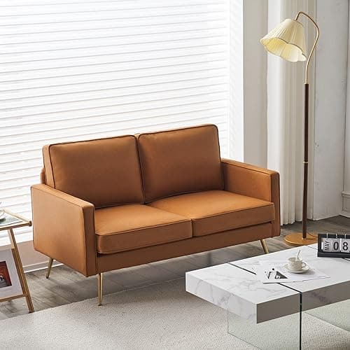 VINGLI Cognac 56" PU Leather 2-Seater Loveseat Sofa