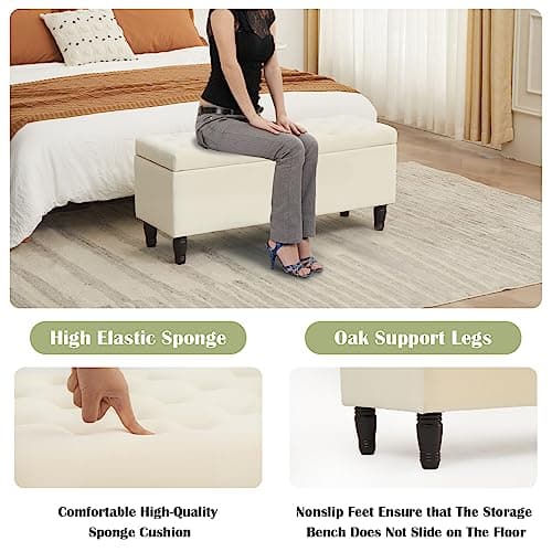Off White Bedroom Bench with 2 Ottoman Footrests and Storage