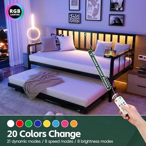 MU Black Metal Daybed with Trundle, Charging Station, and LED Lights