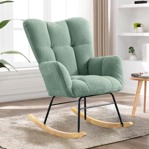 Beige Teddy Upholstered Rocking Chair with High Backrest for Bedroom & Living Room