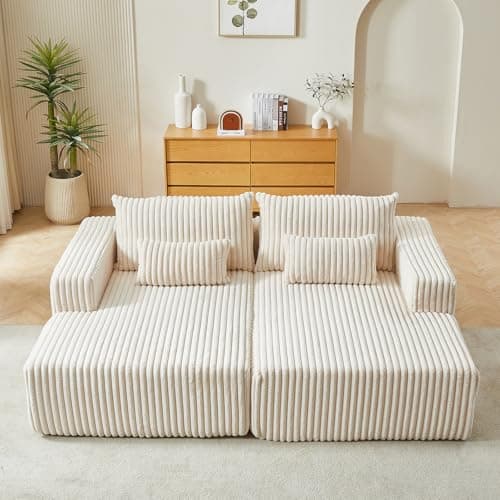 Beige Oversized Chaise Lounge Chair, 87" Plush Corduroy Sofa