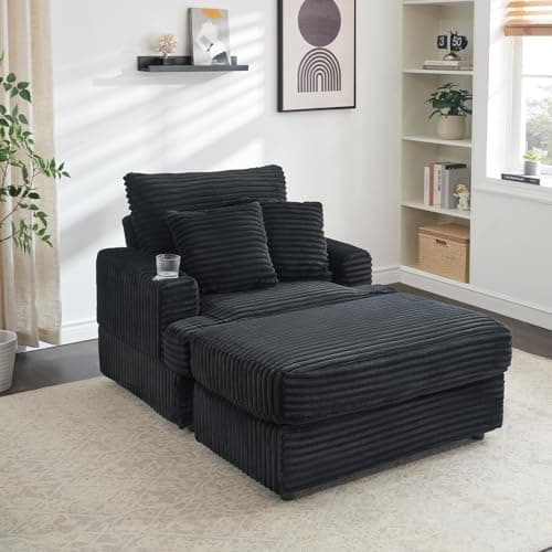 Cozy Chaise Lounge Chair with Ottoman for Indoor, Modern Deep Seat Sofa (White)