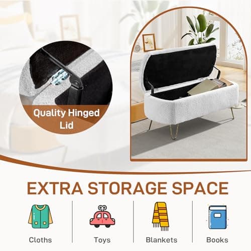 Sherpa Upholstered Storage Ottoman Bench with Gold Legs