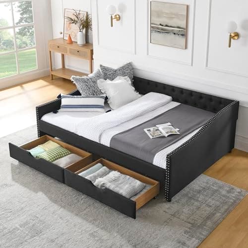 Queen Size Daybed with 2 Drawers, Upholstered Sofa Bed with Button Back and Waved Arms, Wood Slat Support - Grey