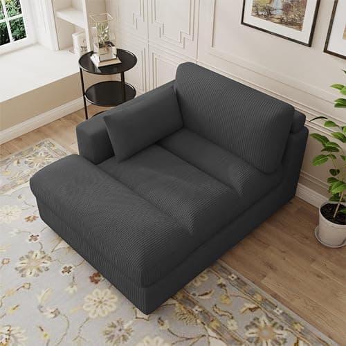 Gray Oversized Corduroy Chaise Lounge with Right Armrest & Cushy Recliner Couch - Solid Wood Solid Cover