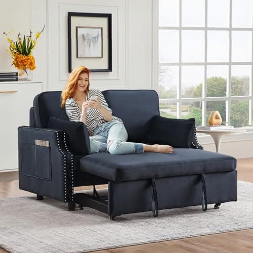 Convertible Sleeper Sofa Bed with Velvet Upholstery & Side Pocket.