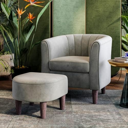 LINSY Velvet Accent Chair with Ottoman, Modern Barrel Reading Chair, Yellow