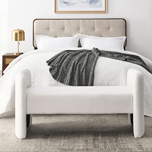 End of Bed Ottoman Bench, 52 Upholstered Entry Bench with Teddy Fabric for Living Room and Bedroom