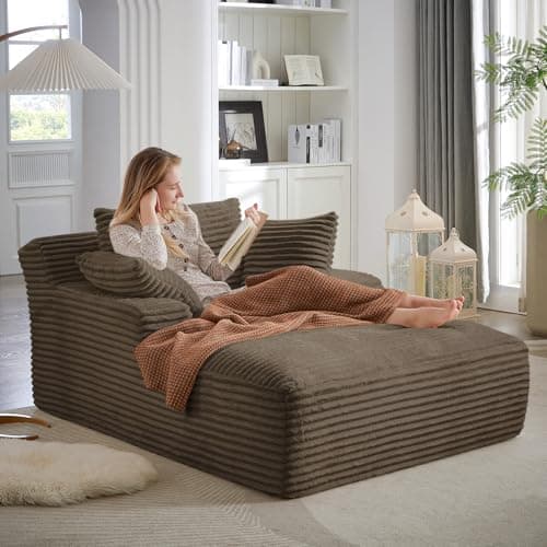 Oversized Chaise Lounge Chair Army Green for Living Room with 3 Pillows and Comfy Fluffy Couch, Modern Deep Seat Sofa No Assembly Needed, 50"W Upholstered Corduroy Couch Single Sleeper