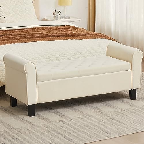 51'' Tufted Upholstered Storage Bench for Bedroom Living Room, Off White Velvet