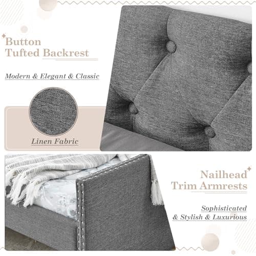 JEEOHEY Grey Linen Button Tufted Queen Daybed with Storage & Nailhead Trim
