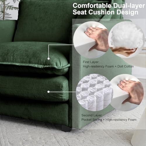 KIVENJAJA Green Oversized Chenille Loveseat Sofa, 4 Pillows, Modern Living Room Couch