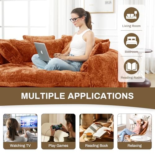 81.1" Oversized Fluffy Lazy Bean Bag Sofa with 14 Pillows, Orange Chenille Bed Cushion