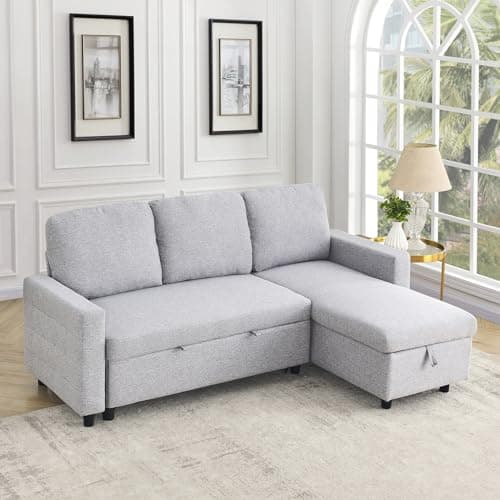 Linen L Shape Convertible Sectional Sofa with Pull Out Bed and Storage Chaise