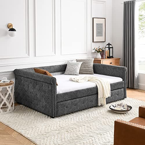 JEEOHEY Modern Velvet Daybed with Trundle, Grey