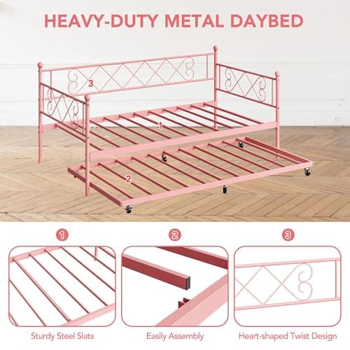 IDEALHOUSE Metal Twin Daybed with Trundle & Stylish Pink Headboard