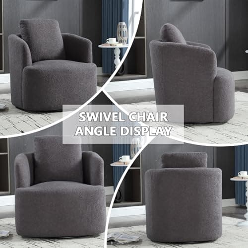 CANMOV Dark Grey Teddy Boucle Swivel Chair, 360 Degree Living Room & Bedroom Accent