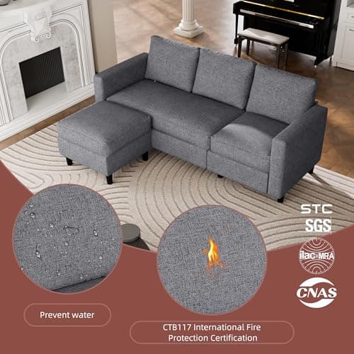JAMFLY Dark Grey L-Shaped Sectional Sofa with Ottoman for Small Spaces