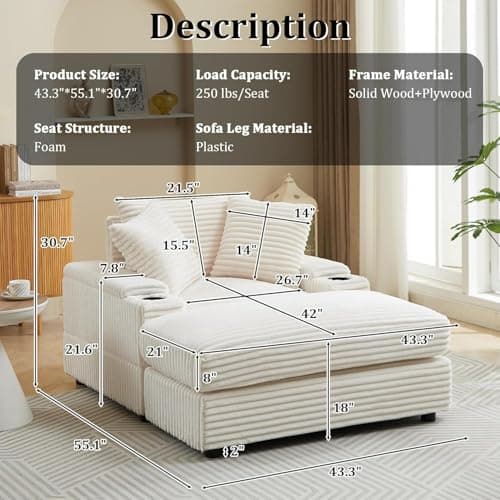 44" Beige Corduroy Storage Chaise Longue with Cup Holder