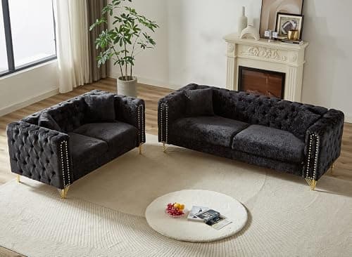 Mid Century Modern Chenille Button Tufted Loveseat + Couch Set (Black)