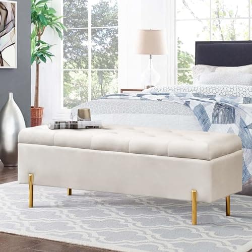 Ivory Upholstered Tufted Velvet Storage Bench for Living Room Entryway