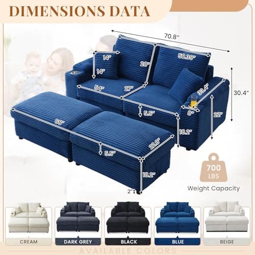 Oversized Chaise Lounge Chair with Storage Ottomans, Blue