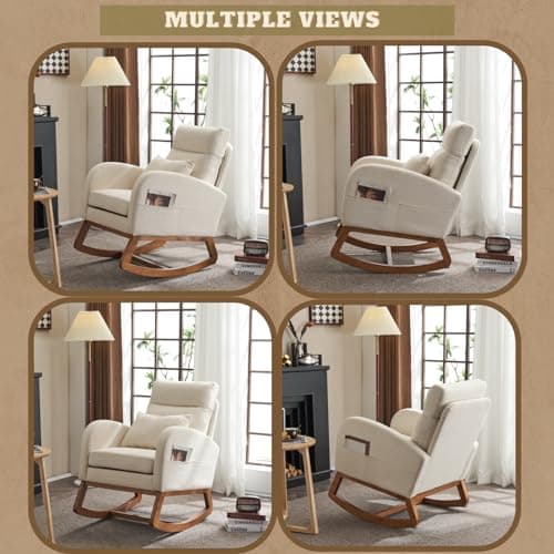 Vingli Beige Linen Rocking Chair with Thick Headrest for Nursery and Living Room