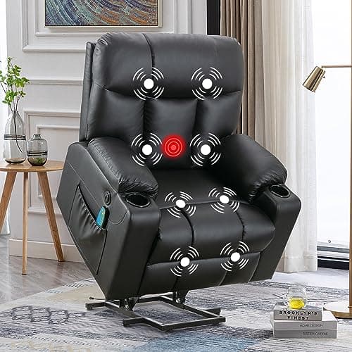 Bonzy Home 26" Extra Wide Power Recliner with Heat & Massage, Faux Leather Cup Holders