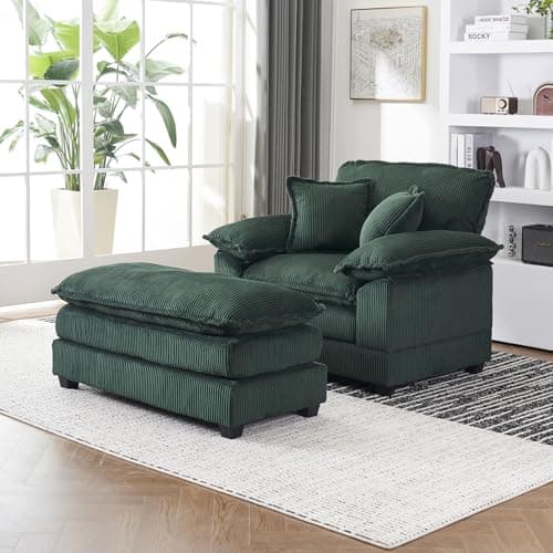 Oversized Corduroy Chaise Lounge Chair, Green, Perfect for Living Room, Bedroom, Office