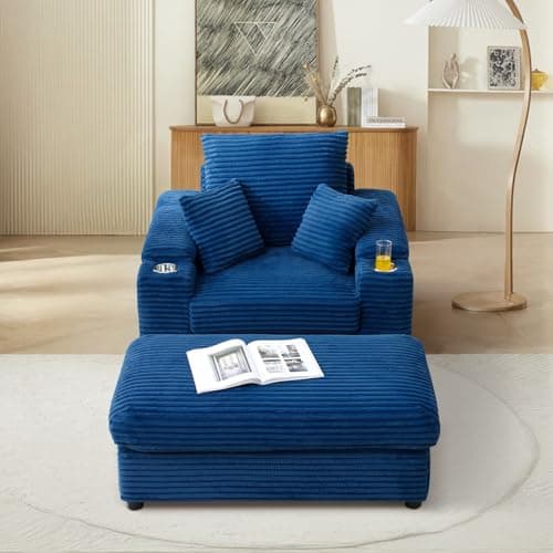 Cozy Blue Chaise Lounge Chair with Storage Ottoman & Cup Holders