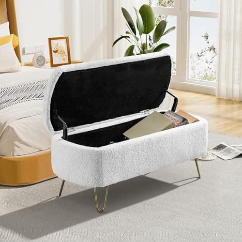 Sherpa Upholstered Storage Ottoman Bench with Gold Legs