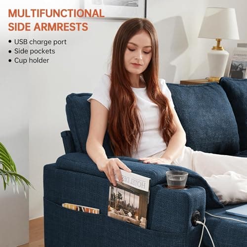DURASPACE Blue Linen L-Shaped Sofa Bed with Storage (USB, Cup Holder)