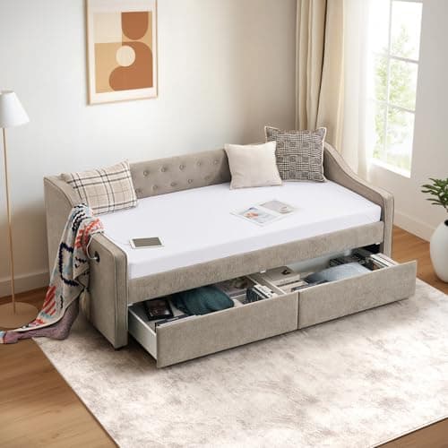 Twin Size Velvet Daybed with Storage & USB Charging,Button Tufted Yellow Webcam-Free Sofa Bed