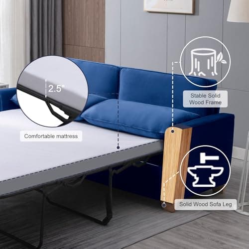 ZAFLY 77" Pull Out Sofa Bed, Memory Foam Mattress - Blue
