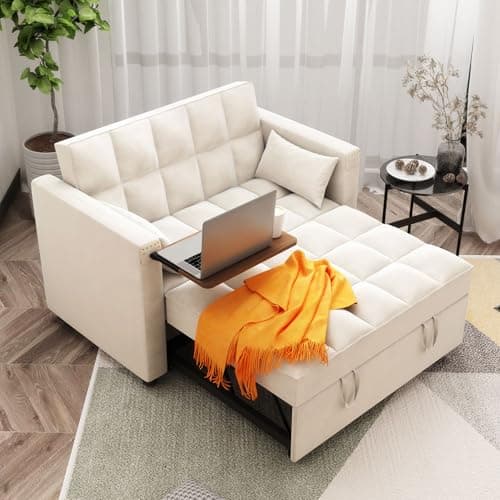 3-in-1 ORRD Convertible Sofa Bed, Faux Leather Loveseat with Pull-Out Chaise Lounge and Hidden Table