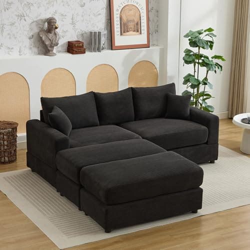 Black 3 Seater Fluffy Cloud Modular Sofa with Chaise Lounge, 82" W