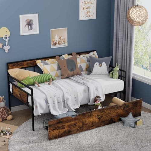 Tatub Twin Daybed with Drawers, Rustic Brown Sofa Bed Storage Frame