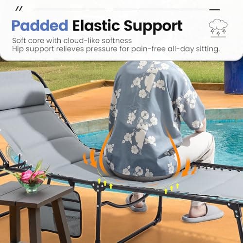 EZCHEER XL Outdoor Folding Lounge Chair, Grey, Oversized Sun Tanning Recliner