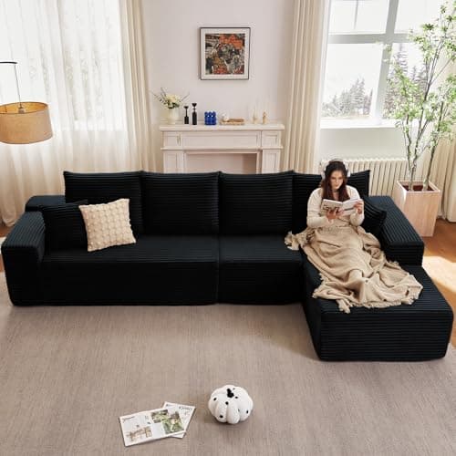 107" Modern Black Corduroy L-Shaped Sofa, Deep Seat Chaise for Living Room